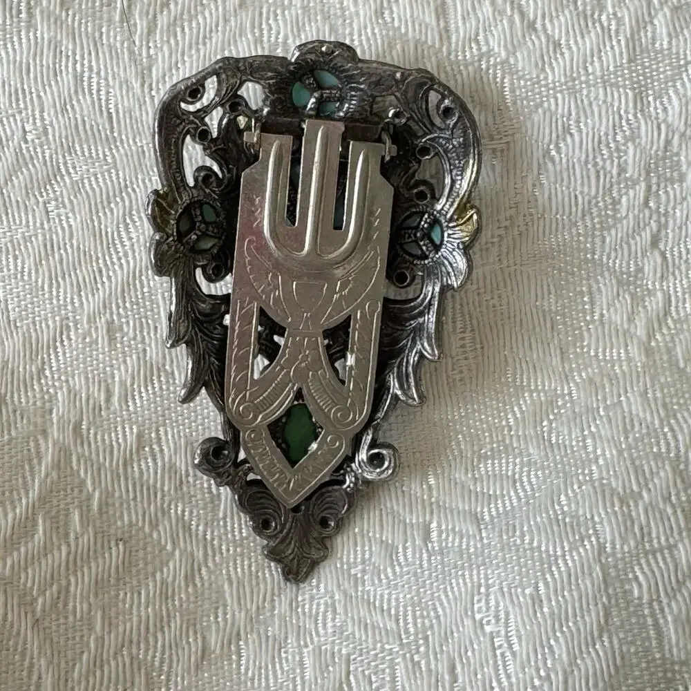 Vintage Art Deco Filigree Turquoise Glass & Silver Dress Fur Clip Brooch 1920s